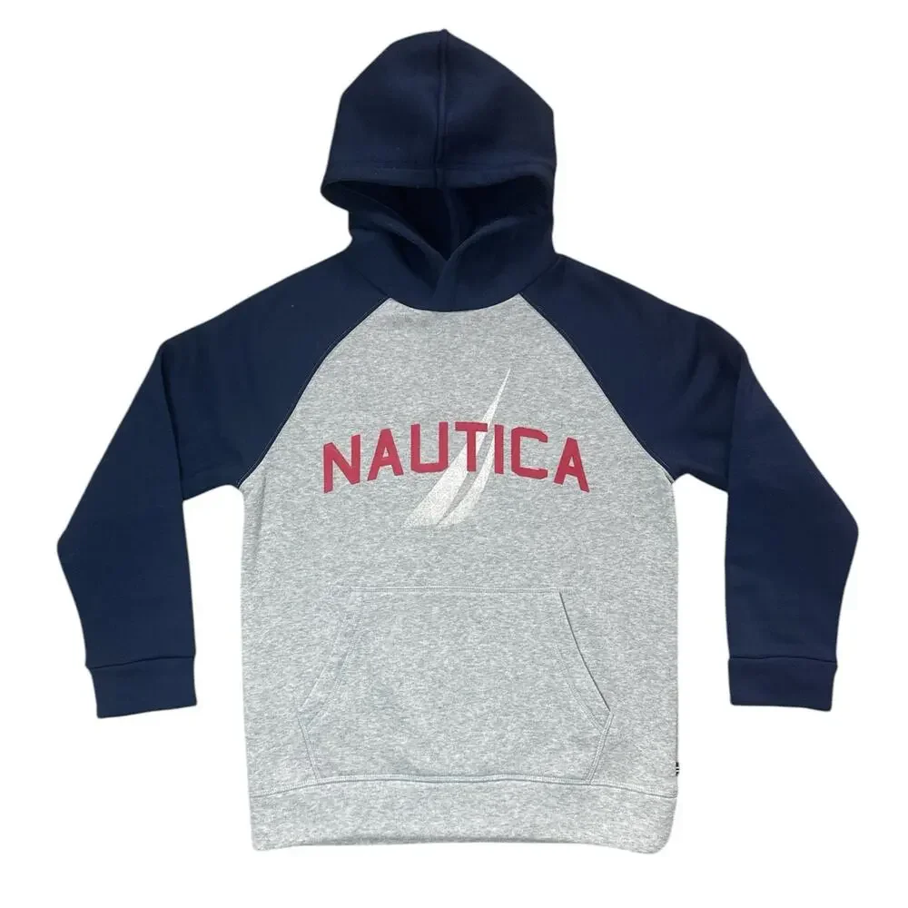 NAUTICA Boy's Large (14/16) Logo Graphic Pullover Hoodie Fleece‎ Gray/Blue